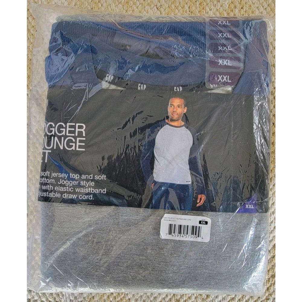 Gap Men's XXL Lounge Jogger Set Long Sleeve Top & Bottom NWT Navy Peony & Grey